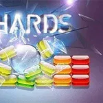 Barevné obdélníkové bloky a rozbitá skleněná koule s textem SHARDS na modrém pozadí