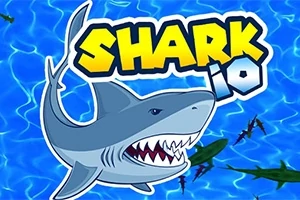 Kreslený žralok s otevřenou tlamou na modrém pozadí s nápisem SHARK IO