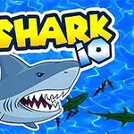 Kreslený žralok s otevřenou tlamou na modrém pozadí s nápisem SHARK IO