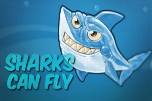 Kreslený modrý žralok s širokým úsměvem a nápisem SHARKS CAN FLY na modrém pozadí