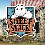 Ovce složené na sobě vytvářejí věž vedle kamenného domu a logo s nápisem Sheep Stack
