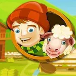 Chlapec v červené čepici a ovce se usmívají v ilustraci farmy s dřevěným domkem na pozadí