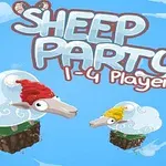 Dvě kreslené ovce v červené a žluté čepici na plovoucích ostrovech s nápisem Sheep Party 1-4 Players na modrém pozadí