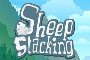 Název Sheep Stacking s kresleným pozadím modré oblohy a hor