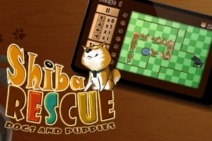 Obrázek zobrazuje kresleného psa Shiba Inu a herní obrazovku na tabletu s šachovnicovým vzorem a grafikou psů