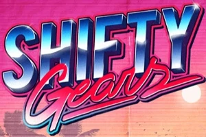 Nápis Shifty Gears na růžovo-modrém pozadí s palmami a zapadajícím sluncem