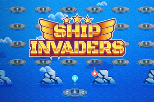 Nápis SHIP INVADERS se zlatými křídly a hvězdami na modrém pozadí s loděmi a oblaky