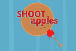 Nápis SHOOT apples před terčem se šípem zasahujícím jablko