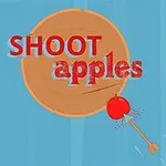 Nápis SHOOT apples před terčem se šípem zasahujícím jablko