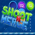 Barevné kuličky s čísly a textem SHOOT N MERGE na modrém pozadí