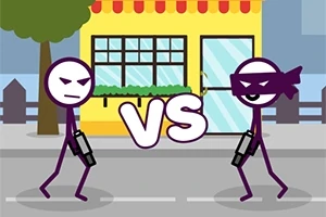 Dva kreslení panáčci na ulici s nápisem VS mezi sebou, držící zbraně, před žlutým domem s červenou markýzou