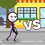 Dva kreslení panáčci na ulici s nápisem VS mezi sebou, držící zbraně, před žlutým domem s červenou markýzou