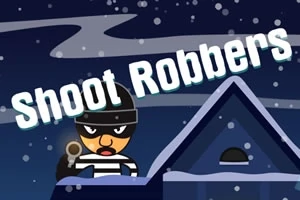 Zloděj v černobílém pruhovaném oblečení a masce drží zbraň, na pozadí je tmavě modrá noční obloha se sněhem a nápisem Shoot Robbers
