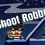 Zloděj v černobílém pruhovaném oblečení a masce drží zbraň, na pozadí je tmavě modrá noční obloha se sněhem a nápisem Shoot Robbers