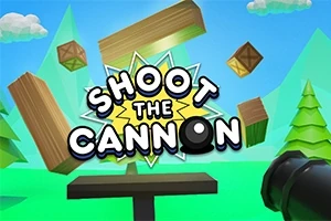 Dřevěné bedny a trámy ve vzduchu s kanónem a nápisem Shoot The Cannon na pozadí s modrou oblohou a zelenými stromy