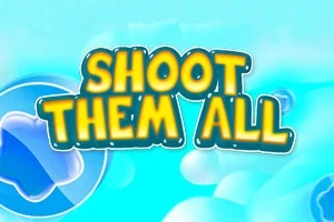 Nápis Shoot Them All ve žlutých a modrých barvách na modrém pozadí s bublinami