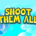 Nápis Shoot Them All ve žlutých a modrých barvách na modrém pozadí s bublinami