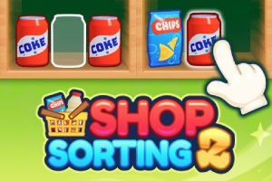 Pleťová ruka ukazuje na police s plechovkami sody a balíčkem chipsů, pod kterou je nápis SHOP SORTING 2