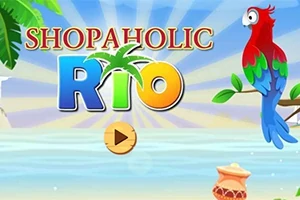 Papoušek sedící na větvi nad vodou s nápisem „Shopaholic Rio“ a tropickým sluncem v pozadí