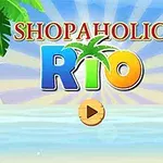 Papoušek sedící na větvi nad vodou s nápisem „Shopaholic Rio“ a tropickým sluncem v pozadí