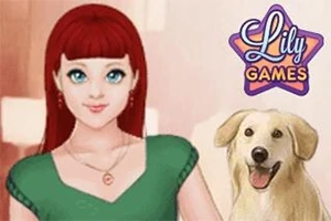 Dívka s dlouhými červenými vlasy a zeleným topem stojí vedle usměvavého psa, s logem „Lily Games“ v rohu