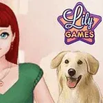 Dívka s dlouhými červenými vlasy a zeleným topem stojí vedle usměvavého psa, s logem „Lily Games“ v rohu