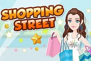 Žena s tmavými vlasy drží vícebarevné nákupní tašky pod textem „SHOPPING STREET“ na modro-žlutém pozadí se zlatými hvězdami a mincemi