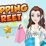 Žena s tmavými vlasy drží vícebarevné nákupní tašky pod textem „SHOPPING STREET“ na modro-žlutém pozadí se zlatými hvězdami a mincemi