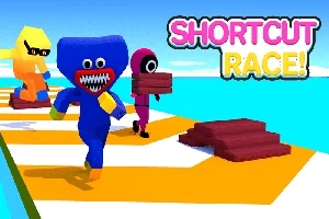 Barevní kreslení postavičky běží po dráze nad vodní hladinou s nápisem Shortcut Race!