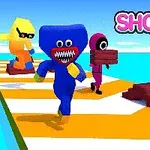 Barevní kreslení postavičky běží po dráze nad vodní hladinou s nápisem Shortcut Race!