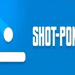 Modrá obrazovka s bílou koulí odrážející se od plošinky a nápisem SHOT-PONG