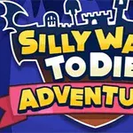 Barevné logo s nápisem Silly Ways to Die: Adventure na fialovém pozadí s obrysy hradu
