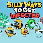 Barevné karikaturní postavičky se zdravotnickými pomůckami a nápis „Silly Ways to Get Infected“