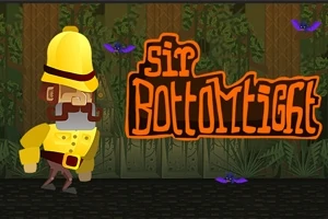 Kreslený dobrodruh s knírem a žlutou helmou stojí v džungli s nápisem sir Bottomtight a fialovými netopýry kolem