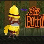 Kreslený dobrodruh s knírem a žlutou helmou stojí v džungli s nápisem sir Bottomtight a fialovými netopýry kolem