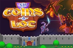 Rytíř bojující s drakem nad hradem s nápisem sir coins a lot v horní části obrázku