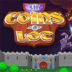 Rytíř bojující s drakem nad hradem s nápisem sir coins a lot v horní části obrázku