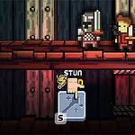 Dva pixeloví rytíři se meči bojují na podlouhlé dřevěné plošině s boxy a ukazatelem k přerušení pod nimi