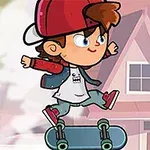 Kreslená postava dítěte na skateboardu, která nosí červenou čepici a džíny, skáče ve vzduchu před domem