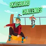 Tři kreslení lidé jezdí na skateboardech na rampě pod modrou oblohou s nápisem Skateboard Challenges