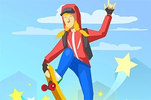 Osoba v červené mikině s kapucí a polodlouhými vlasy jezdí na skateboardu na modrém pozadí s hvězdami