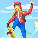 Osoba v červené mikině s kapucí a polodlouhými vlasy jezdí na skateboardu na modrém pozadí s hvězdami