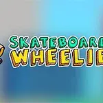 Kreslená postavička na skateboardu s červenou čepicí a slunečními brýlemi vedle nápisu Skateboard Wheelie