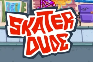 Nápis Skater Dude v graffiti stylu na pozadí městské ulice s plakáty a grafity