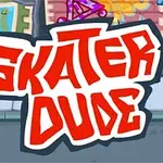 Nápis Skater Dude v graffiti stylu na pozadí městské ulice s plakáty a grafity