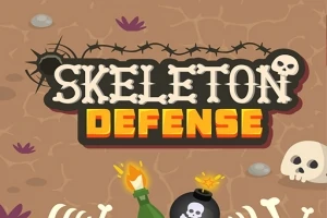 Název Skeleton Defense s lebkou, kostmi a výbušninami na hnědém pozadí s ostnatým drátem a fialovými rostlinami