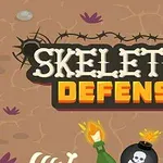Název Skeleton Defense s lebkou, kostmi a výbušninami na hnědém pozadí s ostnatým drátem a fialovými rostlinami