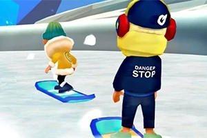 Dvě animované postavy na snowboardech v zasněžené krajině, jedna v modré bundě a čepici s nápisem Danger Stop