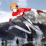 Animovaná postava skokana na lyžích v letu nad zasněženou krajinou s horami v pozadí