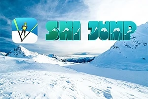 Zimní horská krajina s logem Ski Jump na modrém nebi